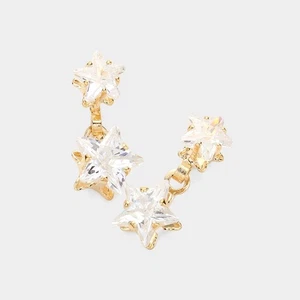 NEW Cute Mini Double Tier CZ Sparkly Drop Dangle Star Gold Tone Stud Earrings - Picture 1 of 1