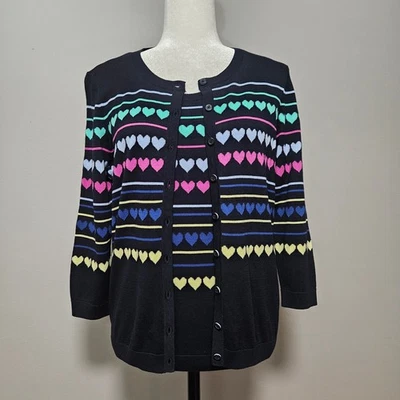 Talbots Sweater Set Size Petite M Navy Blue Cardigan Size Small Tank Heart Print - Image 1 of 4
