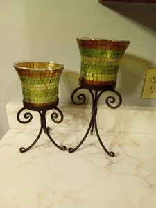 Vintage Sammlerstück Mosaik 2er Set Kerzenständer mit dem Gusseisenfuß - Bild 1 von 6