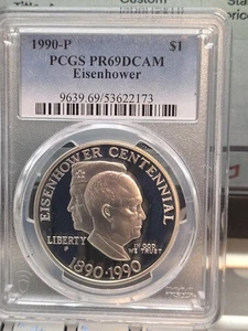 1990 P $1 Eisenhower Silver Commemorative Dollar PCGS PR69DCAM-SEE STORE WW2 MED - Picture 1 of 5