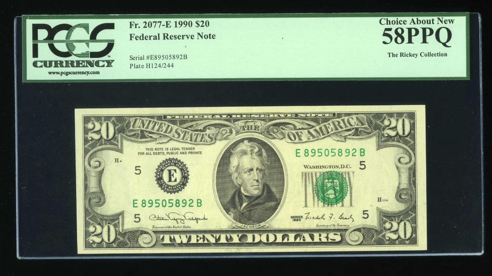 DBR 1990 $20 FRN Richmond Fr. 2077-E PCGS 58 PPQ Serial E89505892B - Image 1 of 2