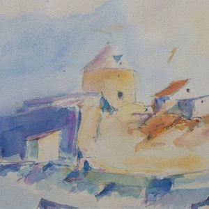 Paisaje costero vista local iglesia redonda Möller firmado acuarela 1992 - Imagen 1 de 4