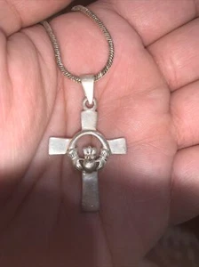 Vintage Sterling Silver  Claddagh Cross Necklace  - Picture 1 of 5