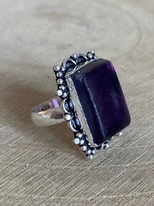 Fluorite Gemstone Ring Size M 1/2 Sterling Silver 925 Plated Oblong Bohemian - Picture 1 of 6