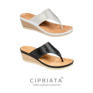 Women's Cipriata Sandals Toe Post Wedge Diamonte Padded Summer Holiday Beach - Picture 1 of 9