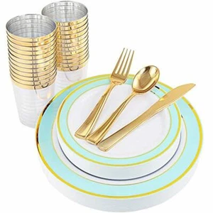 Gold Plastic Plates with Gold Silverware,Disposable Cups For 25 Guests - Picture 1 of 6