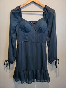 Y2K Emerald Green Corset Long Sheer Puff Sleeve Mini Dress Sz M Coquette - Picture 1 of 7