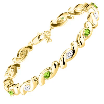 RYLOS PERIDOT & DIAMOND TENNIS BRACELET YELLOW GOLD PLATED SILVER 7-8"  - Image 1 of 4