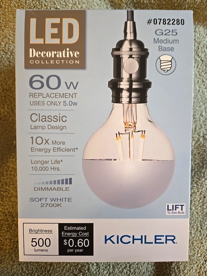 Kichler LED 60W - G25 Medium - Silver Tip - Filament-Soft White 2700K - 0782280 - Image 1 of 4