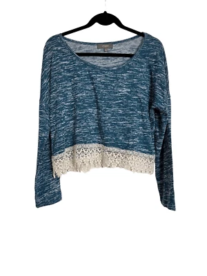 Umgee Top Womens Size Large Teal Floral Lace Trim Cropped Sweater - Image 1 of 4