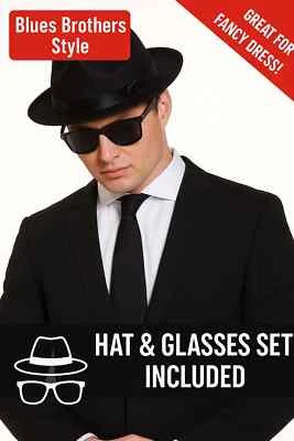 Conjunto de sombrero y gafas Blues Brothers para hombre negro Fedora disfraz elegante Foto 1 de 2