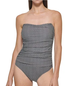 DKNY Women's M One Piece Swimsuit Bandeau Shirred W/ Removable Straps Geometric - Picture 1 of 10