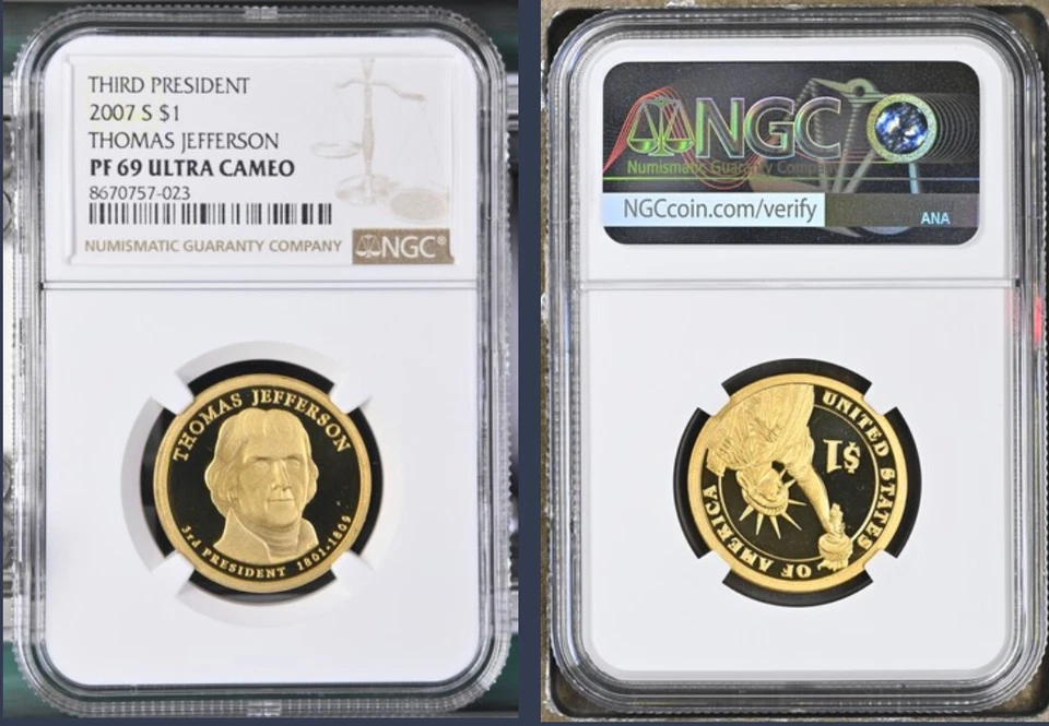 2007 S Thomas Jefferson Dollar Proof PF69 NGC - Image 1 of 1