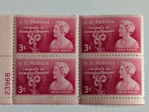 Founder of Memorial Poppy US Postage Stamps 3 Cents Blk of 4 Unused - Picture 1 of 1