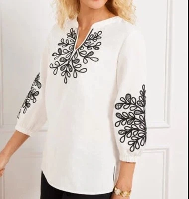 Talbots Women’s SMALL Linen Blend Cream Black Embroidered Oversize Tunic Office - Image 1 of 4