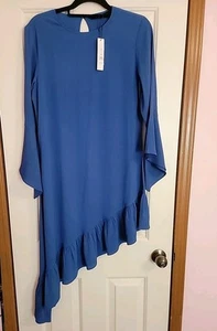 WALTER BAKER Robin Asymmetric Ruffled Bell Sleeve Crepe Blue Dress $248 - Picture 1 of 7