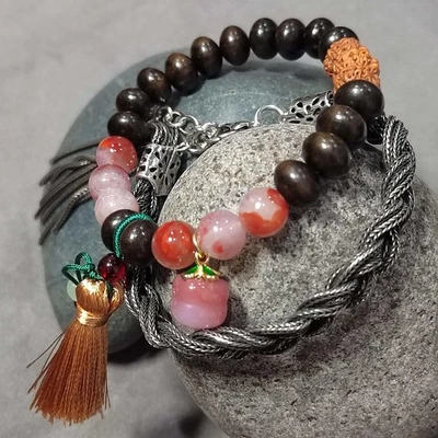 Juego de pulsera doble de ágata roja sur natural certificado y madera de ébano | Semilla Bodhi Foto 1 de 4
