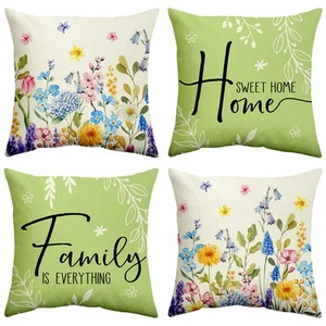 Spring Green Floral Summer Flowers Throw Pillow Covers 18x18 Farmhouse Decora... - Picture 1 of 7