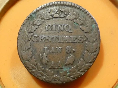 5 CENTIMES - DUPRE - L'AN 8/5 AA - RARE & BELLE QUALITE TB++ ! - Photo 1/4