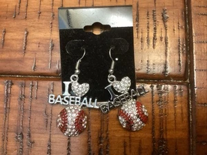 Crystal I Love Baseball Dangle Earrings - Picture 1 of 1