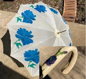 1960s Eureka Umbrella Leather Embroider Hook Handle Spring Floral Metal Tips VTG - Picture 1 of 20