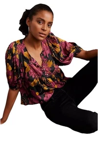 Anthropologie Drapey Henley Size 1X Buttons Blouse Top Purple Gold Black Flowers - Picture 1 of 16
