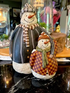 Vintage 8,5" Vater & Sohn Harz Schneemann Figur Weihnachten Winter Dekoration - Bild 1 von 6