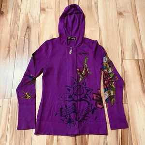 Ed Hardy Womens Full Zip Hoodie Sweater Love & Roses Geisha Purple Medium Y2K - Picture 1 of 7