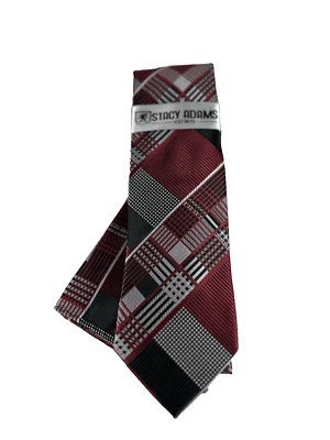 Stacy Adams Men's Tie & Hanky Red Silver Black Charcoal Gray Plaids 3.25" Wide - Image 1 of 4