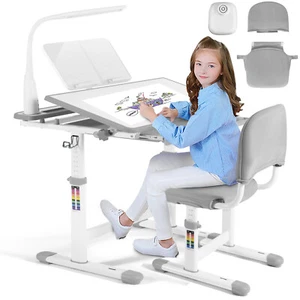 Gray Height Adjustable Kids Study Desk Chair Set Teens w/Drawer,Lamp,Chair Cover - Picture 1 of 24