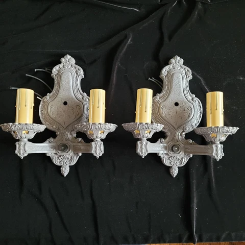 Pair of Antique 2-Light Cast Aluminum Champion Sconces in Medium Gray Cover