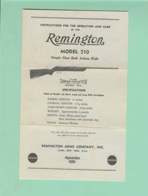 Remington Modelo 510 510-P Instrucciones para Propietarios de Fábrica Reproducción Manual Foto 1 de 1