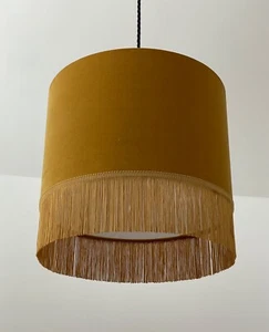 Lampshade Mustard Yellow Velvet with Fringing Drum Light Shade - Picture 1 of 10