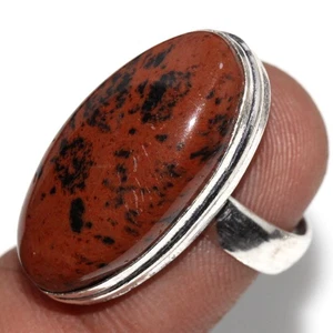 925 Silver Plated Mahogany Obsidian Ethnic Ring Handmade Jewelry Size US 5.5 GW - Picture 1 of 3