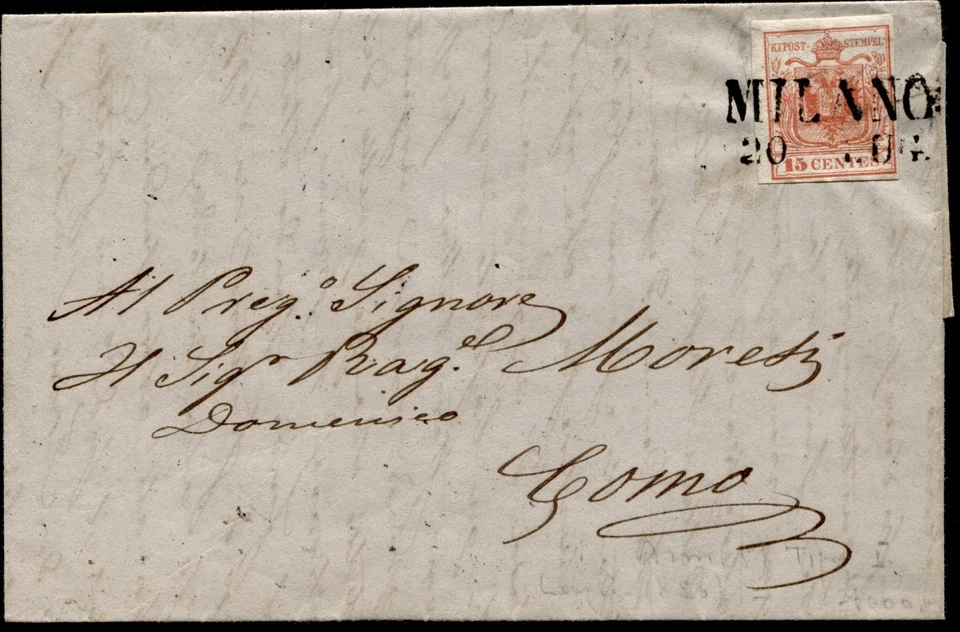 Lettera da Milano a Como del 20-7-1850, affr. con 15 cent. I° tipo (rf. 162) - Imagen 1 de 1