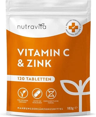 NUTRAVITA Vitamin C 1000mg + Zink 20mg – 120 Tabletten – Hochdosiert, vegan