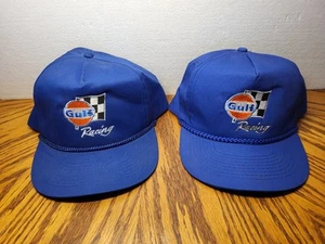 2 Vintage Gulf Racing Blue Checkered Flag Logo Rope Brim #44 Hat Nascar Trucker - Picture 1 of 9