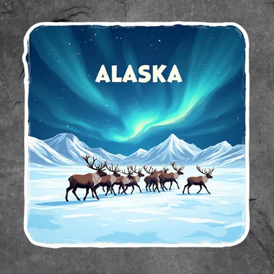 BUMBLEBEE APPAREL Alaska Northern Lights Reindeer sticker vinyl decal scenic mountains winter art