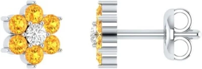 14K White Gold 0.03 CT Round Cut Real Diamond Flower Push Back Stud Earrings - Image 1 of 3