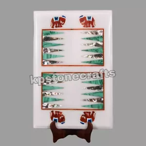 Marquetry White Marble Backgammon Set | 14" x 21" | Inlaid Semi-Precious Gemston - Picture 1 of 6