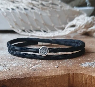 Armband "Blume des Lebens" Segeltau Schwarz mit Magnetverschluss versilbert - Bild 1 von 2