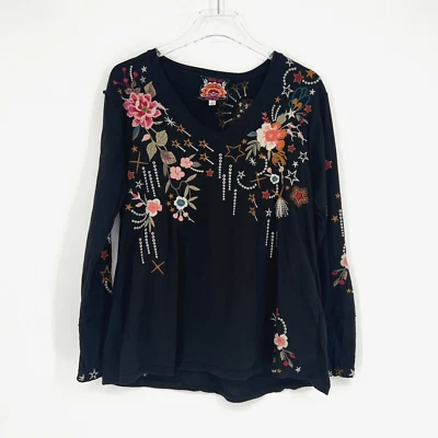 Johnny Was Top Women S Black Celestial Butterfly Embroidered Boho Floral Star - Image 1 of 4
