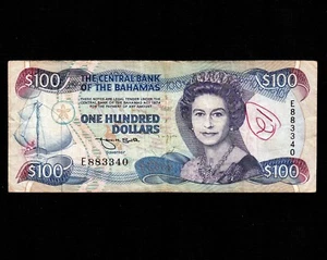 Bahamas 100 Dollars 1974(1992) P-56a * VF, graffiti, 1 ph * Queen Elizabeth * - Picture 1 of 2