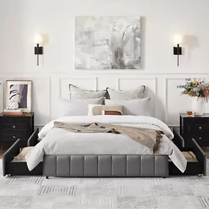 Bed Frame Upholstered Platform Bed with 4 Storage Drawers, Large Storage Space/S - Picture 1 of 9