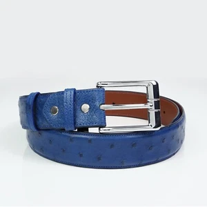 1.3"W Custom Blue Full Quill Ostrich Leather Dress Belt Body Ostrich Skin Belt - Picture 1 of 12
