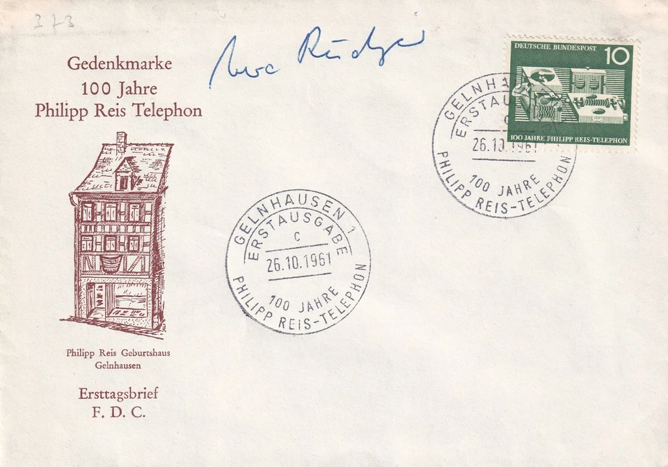 GERMANY 1961 FIRST DAY COVER, REIS TELEPHONE, SIGNED BY DESIGNER  - Image 1 of 1