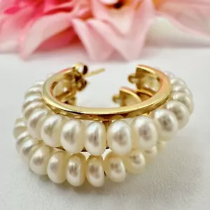 14K Yellow Gold Pearl Hoop Earrings Chic Bridal Wedding Stamped Tested 5.94 g - Picture 1 of 24