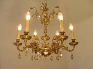 ANTIQUE SMALL CHANDELIER BRASS PORCELAIN BAROQUE 6 LIGHTS LAMP FRENCH Ø 24" - Picture 1 of 12
