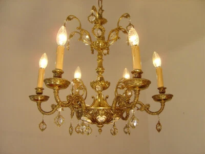 ANTIQUE SMALL CHANDELIER BRASS PORCELAIN BAROQUE 6 LIGHTS LAMP FRENCH Ø 24" — 第 1/4 张图片