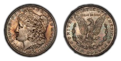 Dólar de plata Morgan 1904-O $1 - Tonificación arco iris gruesa - BU - SKU-D4583 Foto 1 de 4